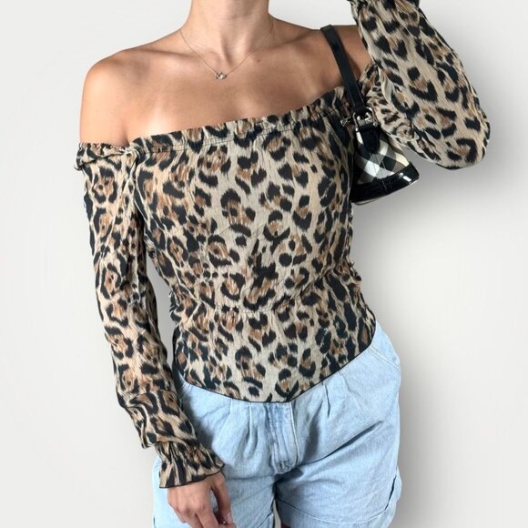 Vintage Leopard Print Silk Sheer Womens Cheetah Blouse Y2K Ruffled Cuffs XS - Picture 2 of 9